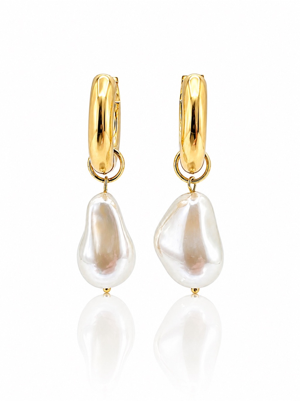 Gold Hoop Drop Earrings with White Baroque Pearls